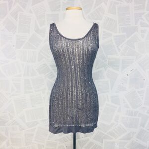 Open Knitted Mesh Tunic Dress Sequins Gray Medium